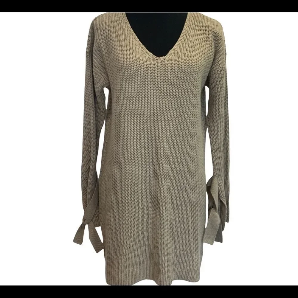 ALTAR beige tan brown tie-sleeve oversized long V-neck sweater size medium